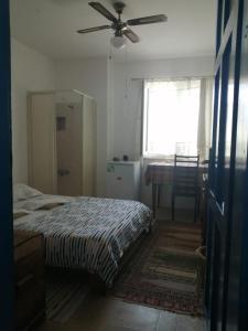 1 dormitorio con 1 cama y ventilador de techo en Ecer Pansiyon, en Kusadasi