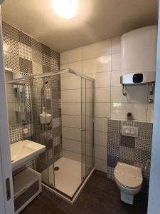 y baño con ducha, aseo y lavamanos. en Faveria Apartments Amphitheater with FREE Parking, en Pula