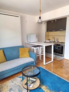 ein Wohnzimmer mit einem blauen Sofa und einem Tisch in der Unterkunft Apartment Lake story in Plužine