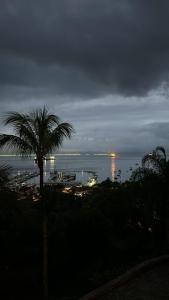 uma palmeira em frente ao oceano à noite em Casa Yacht Club em Ilhabela