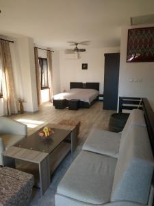 a living room with a bed and a couch at Къщата с разкопките - The house with the excavations in Sozopol +15 photos