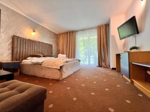 een slaapkamer met een bed en een flatscreen-tv bij Top Mountain in Poiana Brasov