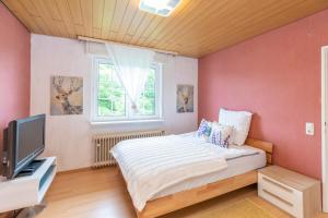 a bedroom with a bed and a tv and a window at Family-Friedndly Home with Large Garden &BBQ Grill in Dreieich