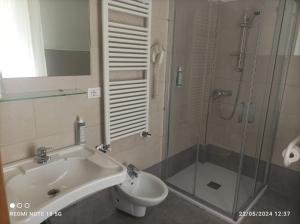 La salle de bains est pourvue d'un lavabo, d'une douche et de toilettes. dans l'établissement Hotel Okinawa, à Rimini