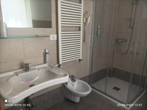 ein Bad mit einem Waschbecken, einer Dusche und einem WC in der Unterkunft Hotel Okinawa in Rimini