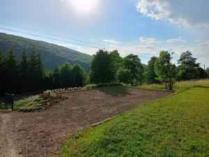 eine unbefestigte Straße auf einem Feld mit Bäumen im Hintergrund in der Unterkunft Lawendowy Klimat in Bóbrka