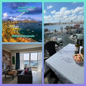 スリーマにあるSeaview Serenity 3-Bedroom Apt view over Valletta Harbourの三枚の絵とワイングラスのテーブル