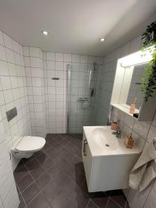 a bathroom with a toilet a sink and a shower at Apartment Holbergsgate in Kristiansand
