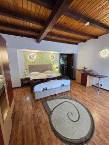 a bedroom with a large bed and a rug at Pensiunea Eliza in Sinaia
