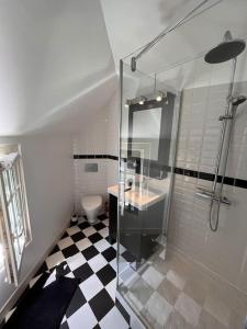 a bathroom with a glass shower and a toilet at Charme et Calme au Cœur de ville in Moret-sur-Loing