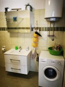 a bathroom with a washing machine and a sink at Holiday Home Cvitka in Vis