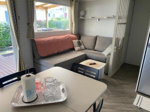 een kleine woonkamer met een bank en een tafel bij Résidence les dunes de Contis in Saint-Julien-en-Born