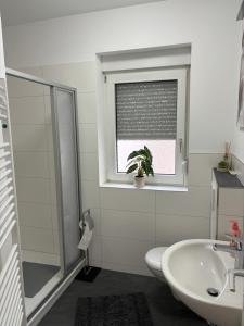 a bathroom with a toilet and a sink and a window at Apartment für 2 Personen in Wiesbaden