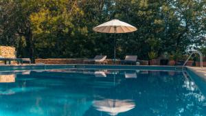 piscina con ombrellone, due sedie e tavolo di Villa avec piscine privée sur jardin clos de 3000m2 a Grimaud