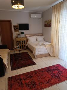 1 dormitorio con 1 cama, TV y alfombra en Studio Anna-Maria en Tesalónica