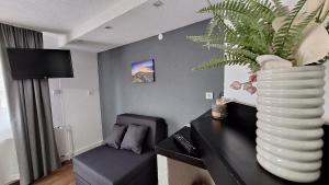 a vase with a plant on a table in a living room at Apartments & rooms Velebit in Lovinac