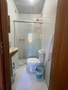 uma casa de banho com um chuveiro, um WC e um lavatório. em Flat centro em Ubá