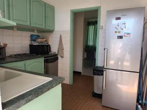 une cuisine avec des armoires vertes et un réfrigérateur dans l'établissement Villa SoKool, à Saint-Paul 2 autres photos
