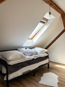 a bedroom with a bed with a skylight at Las Palmas in Bysławek