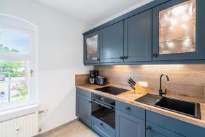 - une cuisine avec des placards bleus et un évier dans l'établissement Villa Albus App 9, à Ahlbeck