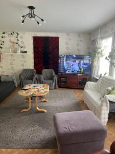 a living room with a couch and a tv at Omakotitalo Kiteen keskustassa in Kitee