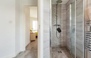 uma cabina de duche ao nível do chão com uma porta de vidro na casa de banho em Whiteclouds em Cheshunt