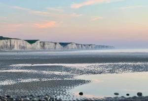 a view of the beach with white cliffs and water at Le studio 2 F in Ault