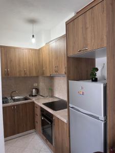 Una cocina con refrigerador blanco y gabinetes de madera. en Summer Apartment, en Golem