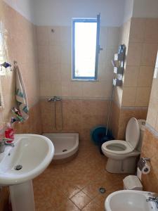 Un baño con lavabo, inodoro y ducha. en Summer Apartment, en Golem 18 fotos más