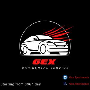 logotipo de alquiler de coches con vehículo de alquiler en Gex apartments, en Tirana