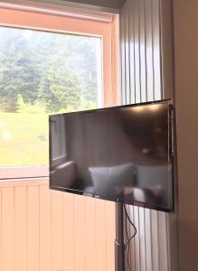 TV de pantalla plana colgada en una pared junto a una ventana en Ma Montagne Chic 4 en La Bresse