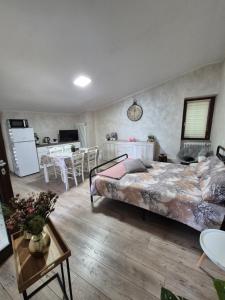 1 dormitorio con 1 cama y cocina con mesa en CASA BAT en Mantello