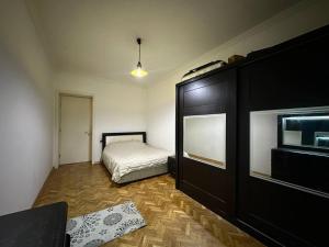 um quarto com uma cama e uma cómoda com uma televisão em Cheap and Cozy Vake Park em Tbilisi