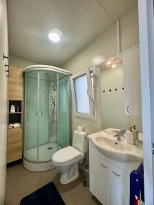 a bathroom with a shower and a toilet and a sink at Mobile homes Matić in Pakoštane