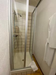 een douche met een glazen deur in de badkamer bij Antico studio room in Intragna