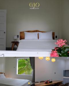 two pictures of a bedroom with a bed and a window at Gạo Homestay in Mui Ne
