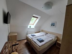 Habitación pequeña con cama y ventana en Penzion u Radů en Hustopeče