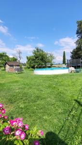 einen grünen Garten mit einem Pool und rosa Blumen in der Unterkunft Ferienwohnungen Bauernhof Beckmann in Winsen