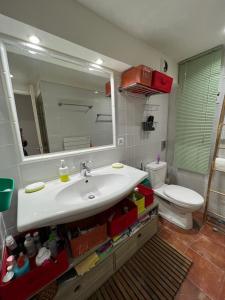 a bathroom with a sink and a toilet and a mirror at Appartement vue sur mer, piscine, garage privé in Bormes-les-Mimosas