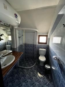 uma casa de banho com um chuveiro, um WC e um lavatório. em Хотел-механа Добърско em Dobărsko