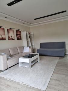 ein Wohnzimmer mit einem Sofa und einem Couchtisch in der Unterkunft Charming and modern apartment at heart of Tashkent in Taschkent