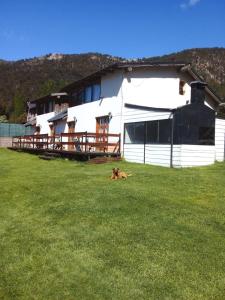 a dog laying in the grass in front of a house at Cabañas Kay Hue in San Carlos de Bariloche