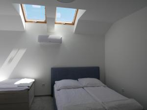 a bedroom with a bed and a sink and two windows at Alda in Pyrzowice
