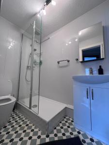 ein Bad mit einer Dusche, einem Waschbecken und einem WC in der Unterkunft Beach front apartment in Edinburgh