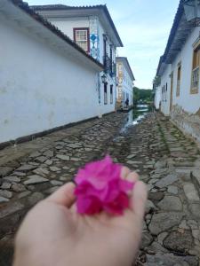 a hand holding a pink flower in a street at Lofts Inverno Centro Histórico in Paraty