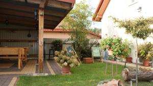 a garden with potted plants on a patio at Noclegi Pod Różą in Krasnobród