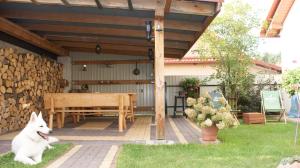 a white dog sitting under a wooden pergola at Noclegi Pod Różą in Krasnobród