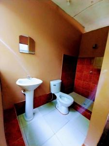 a bathroom with a toilet and a sink at Jungle Explorer Lodge in Mazán