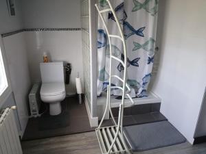 a bathroom with a toilet and a shower curtain at Appartement indépendant privatif avec jardin in Le Crès +5 photos