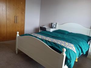 una camera da letto con un letto con una coperta verde di Sean's home a Blackrock